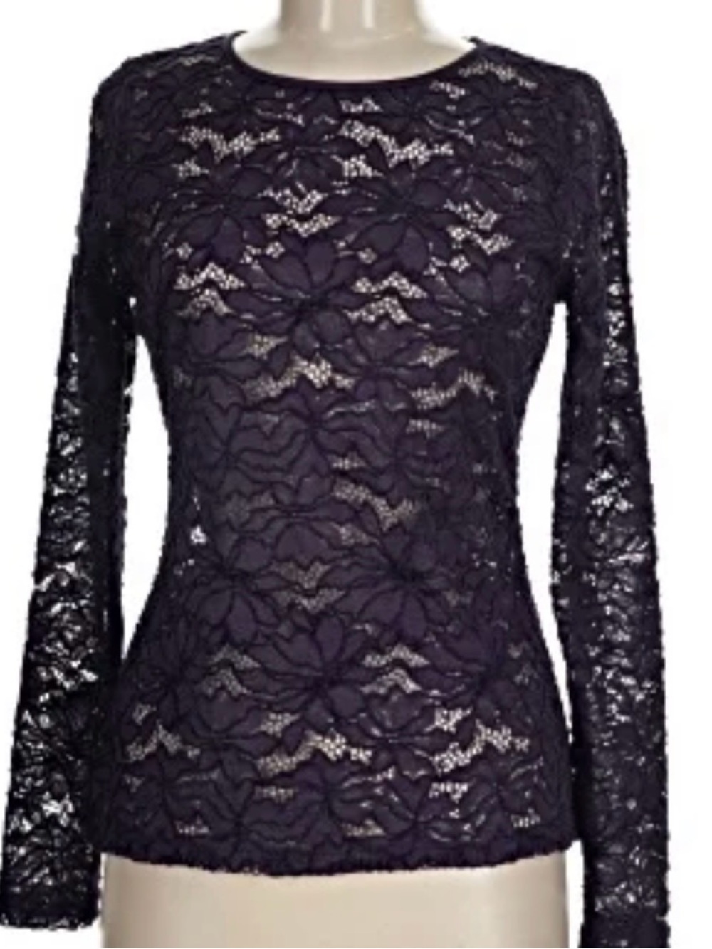 White House Black Market Navy Floral Lace Long-Sleeve Top